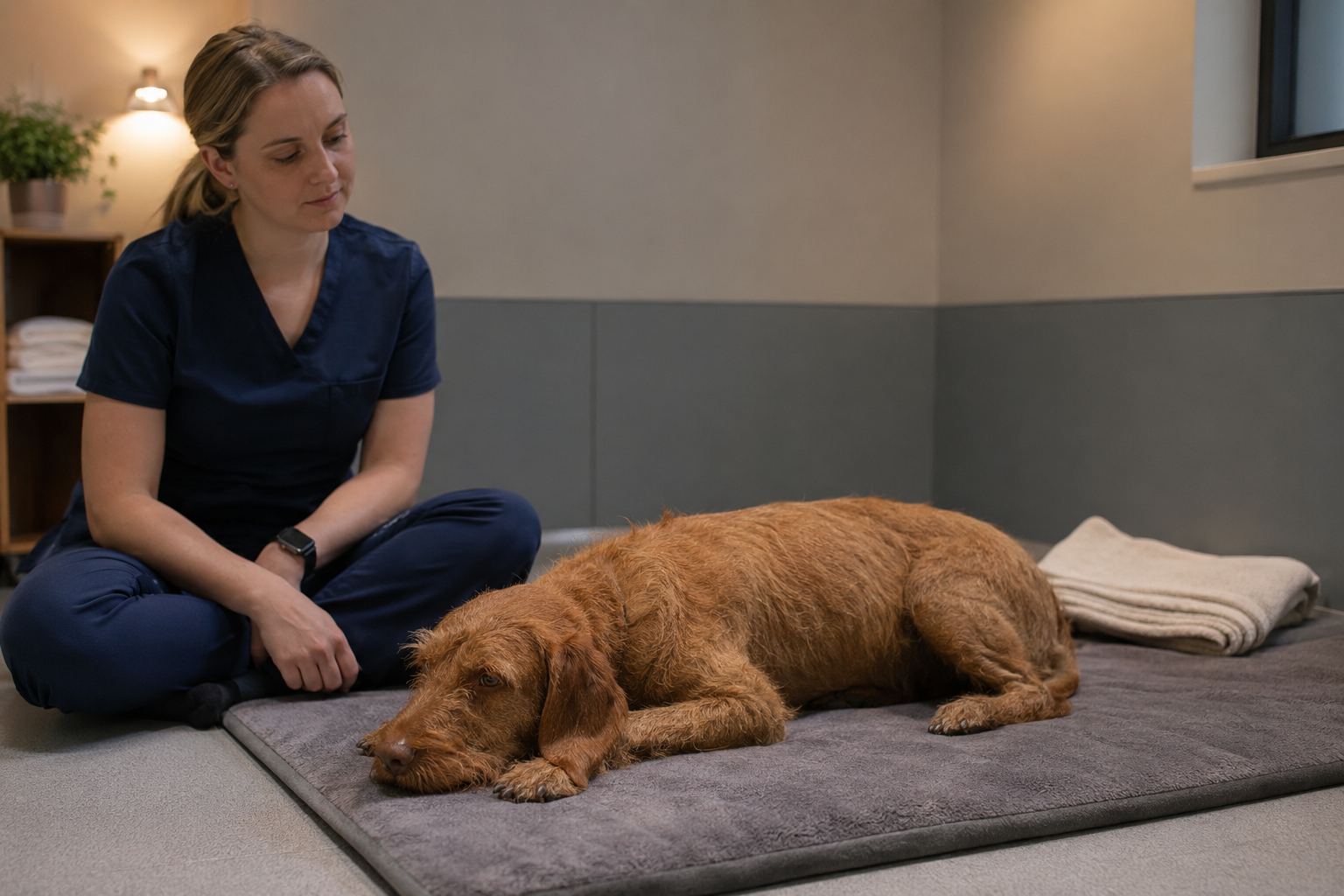 Pes odpočívá v tichém boxu pod nepřetržitým veterinárním dohledem